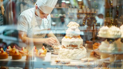 A skilled baker meticulously decorating a beautiful cake in a vibrant pastry shop filled with delicious treats.
