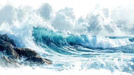 Watercolor ocean waves crashing against rocks for marine-themed presentations.