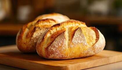 Two loaves of bread sit on a wooden cutting board. The bread is crusty and golden brown, and it looks freshly baked. Concept of warmth and comfort