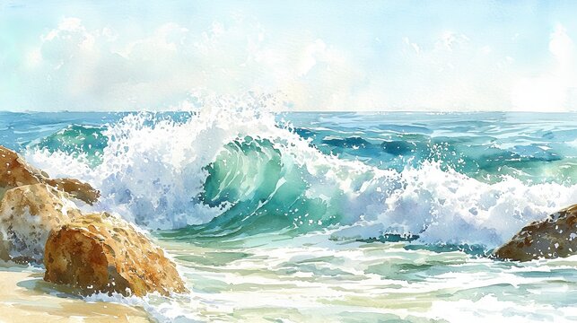 Watercolor ocean waves crashing against rocks for marine-themed presentations.