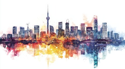 Obraz premium Watercolor skyline of a major city for urban development presentation themes.