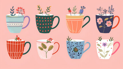     Set of various cups with tea or coffee. Side view 