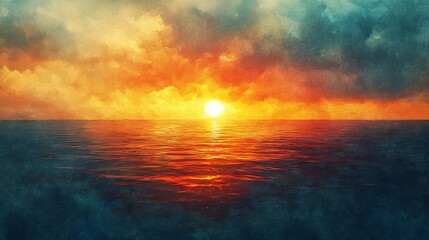 Watercolor sunset over an ocean horizon for calm and reflective presentations.