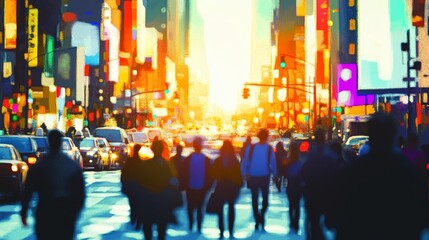 Obraz premium Dynamic urban scene diverse crowd and lively traffic in a bustling city environment