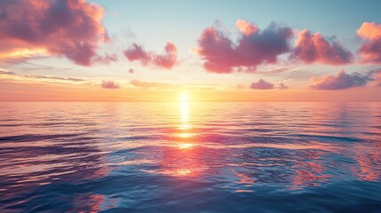 Obraz premium Watercolor sunset over an ocean horizon for calm and reflective presentations.