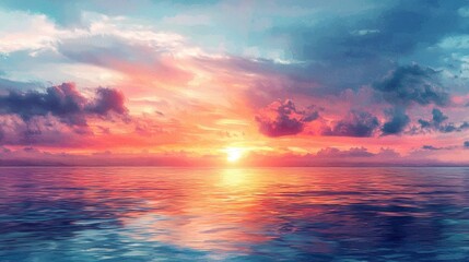 Fototapeta premium Watercolor sunset over an ocean horizon for calm and reflective presentations.