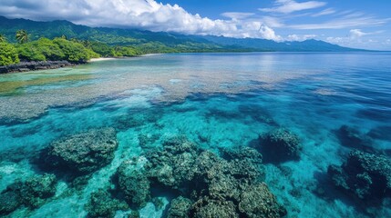 Fototapeta premium The natural beauty of Eastern Fiji ocean, with clear water showcasing the reef below from an aerial perspective.