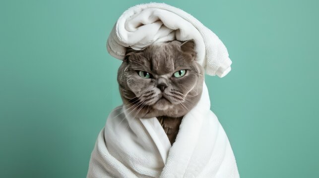 A grumpy grey cat wearing a white towel, looking unimpressed with the situation.