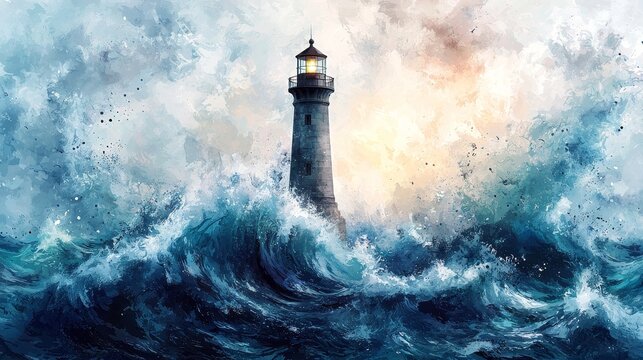 Watercolor waves crashing against a lighthouse for safety and guidance themes.