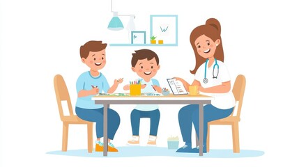 Two children are having fun creating art while interacting with a friendly healthcare professional