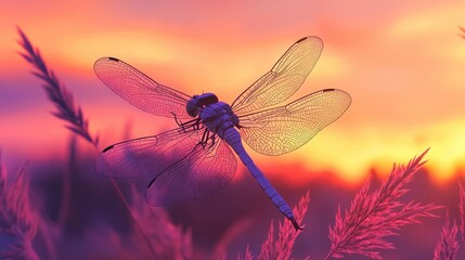 The outline of a dragonfly at dusk, set against the soft, colorful hues of the sunset, creating a tranquil and natural scene.