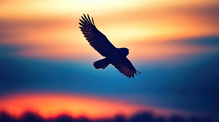 The outline of an owl in flight, captured as a silhouette against the rich blues and oranges of a sunset sky, creating a powerful and evocative image.