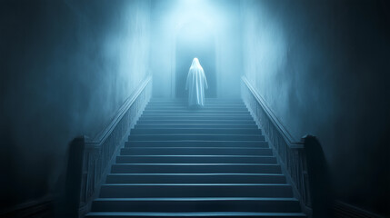 Ghostly figure at the top of a dimly lit staircase in a mysterious, eerie setting