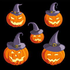 vector drawing orange pumpkins with witch hats, jack-o-lanterns isolated at black background, halloween element, hand drawn illustration