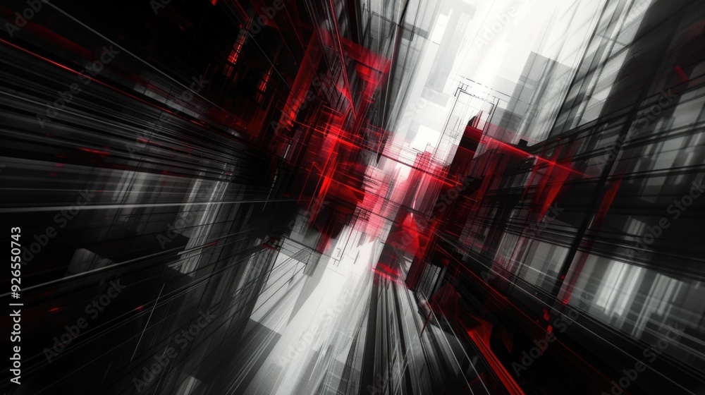 Poster a dynamic abstract artwork featuring sharp black and red lines intersecting, creating a sense of mov