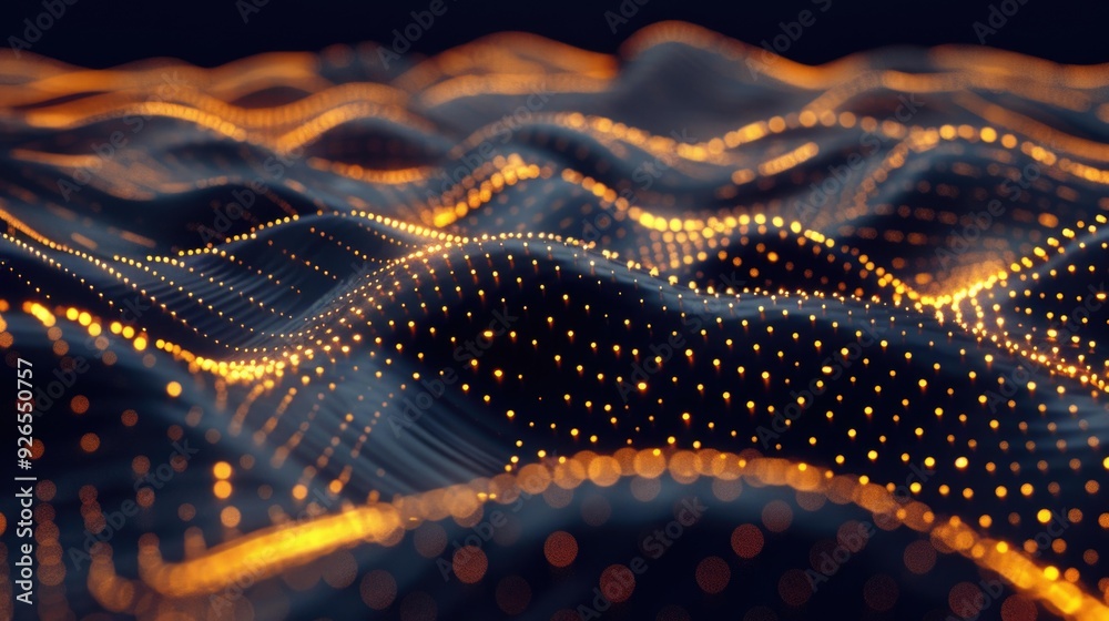 Poster a digital abstract representation of undulating waves of light and particles, symbolizing data flow 