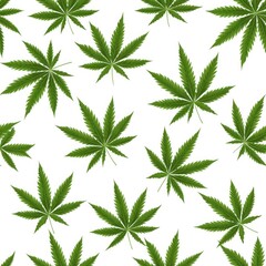 Repeating pattern of green cannabis leaves on a white background, emphasizing natural elements.