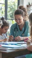 A healthcare worker engages with children while they create art, fostering a warm, educational atmosphere