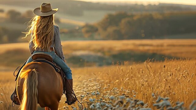 A woman mounts a horse on a ranch.