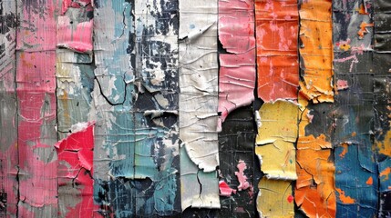 Fototapeta premium An abstract close-up of peeling paint in various colors, capturing the texture and decay of urban surfaces.