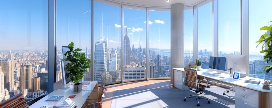 Smart workspace with voice-activated tech in a high-rise office offering panoramic city views.
