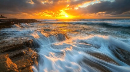 The turbulent ocean waves of a stormy morning flow over the rocky coastline near North Curl Curl rock pool, with the golden light of dawn breaking through.