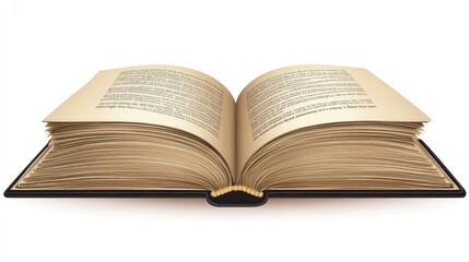 An open book with black text pages on white background