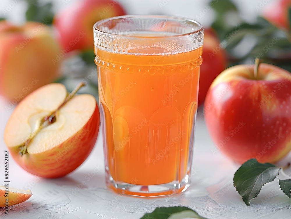 Canvas Prints fresh apple juice in a glass surrounded by whole and sliced apples on a white surface