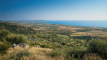 Obraz premium The view from Filerimos Hill, capturing the sweeping landscapes and sea in the southwest direction under a clear sky.