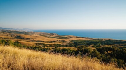 Obraz premium The view from Filerimos Hill, capturing the sweeping landscapes and sea in the southwest direction under a clear sky.