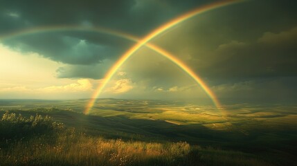 Twin rainbows illuminate the horizon, their vivid bands framing the serene countryside following a tempest.