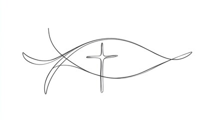 line art of Christian fish symbol with cross on white background