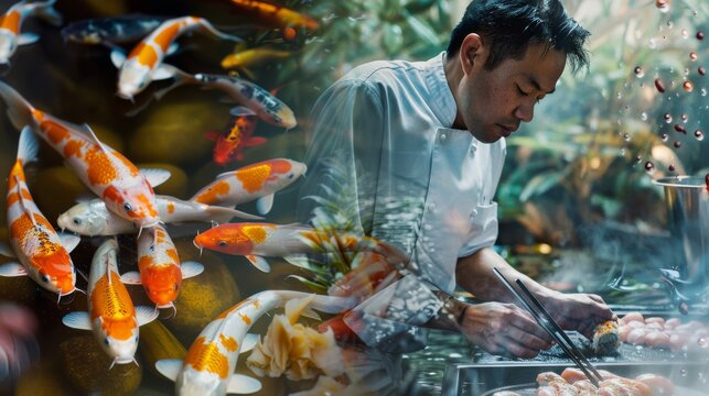 A skilled chef preparing delicious sushi while colorful koi fish swim gracefully nearby in a serene environment.