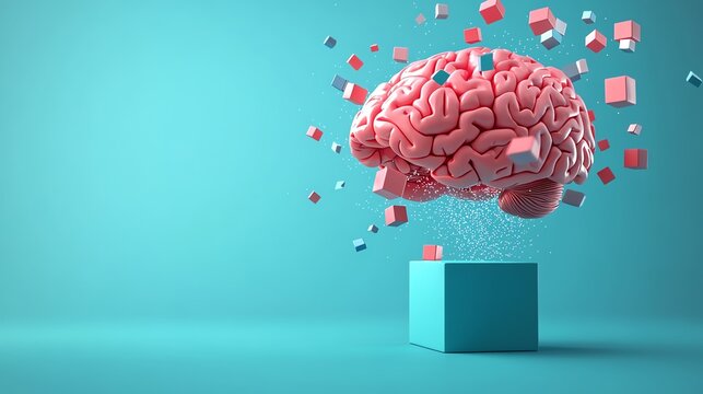 A creative representation of a brain exploding with colorful cubes, symbolizing creativity, innovation, and cognitive processes.