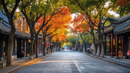 Vibrant trees lining the streets of the historic center of Zhangzhou, Fujian, with traditional architecture in the background.