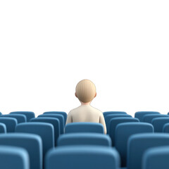 Obraz premium A 3D character sits alone among empty seats, symbolizing solitude and contemplation in a modern setting. transparent background