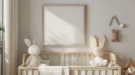 A crib with two bunny toys sitting on it and a large blank frame hanging on the wall behind it. The room is decorated in a neutral color scheme with a lot of white and beige.