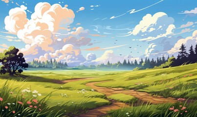 Fototapeta premium Airy meadow scene flat design side view breezy field cartoon drawing Splitcomplementary color scheme