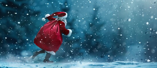 Santa Claus carrying a big red bag full of gifts runs fast in the snow