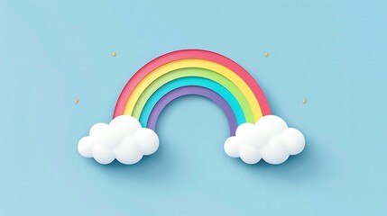 Colorful rainbow with clouds and stars on a blue background.