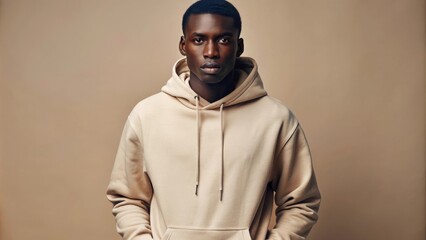 Focused African American Male in Casual Beige Hoodie, Minimalist Studio Shot with Neutral Tones