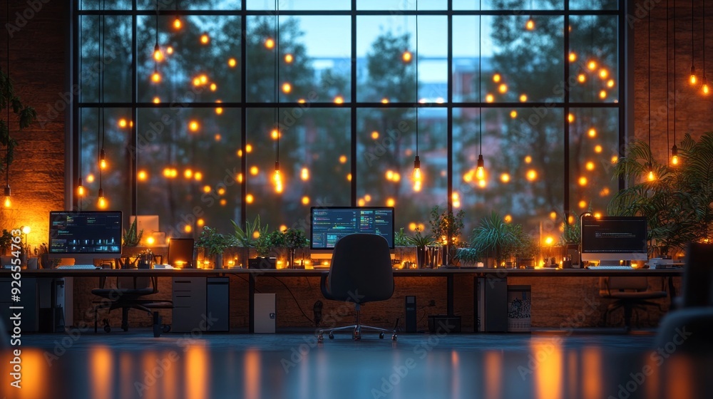 Poster a tranquil office setting at dusk, featuring glowing lights and lush plants that create a cozy atmos