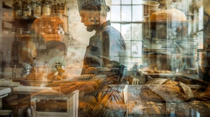 Artisan baker crafting bread in a cozy kitchen filled with warmth and aromas, showcasing dedication and culinary artistry.
