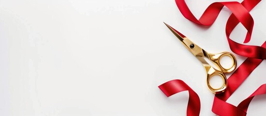white background with gold scissors and red ribbon for celebration or event