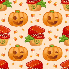 Happy Halloween. A spooky Halloween treat. Seamless pattern. Jack o Lantern, Delicious cupcake with a toothy strawberry monster. Carnivorous plant. For wallpaper, fabric, wrapping, background.