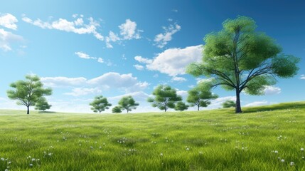 Obraz premium A serene landscape featuring lush green grass and trees under a bright blue sky.