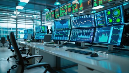 Professionals on a high-tech trading floor using transparent LCD screens to monitor global markets.