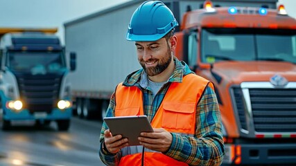 Construction site workers in high-visibility safety gear use tablets to manage logistics and monitor operations