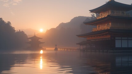 Obraz premium Sunset Scene of Pagodas Buddhist holy site
