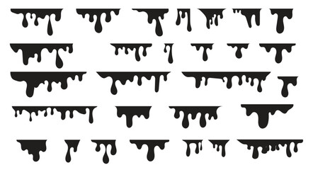 Naklejka premium Dripping symbols set. liquid ink, paint drip and drop. oil, blood, water etc.